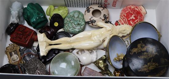 A Dieppe? carved ivory figure, assorted scent bottles etc.